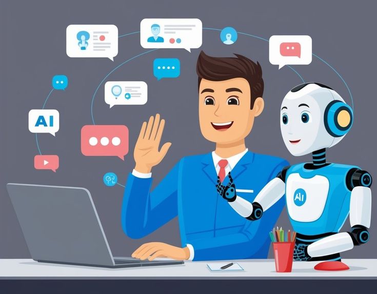 A digital marketer and an AI robot working together on a computer. 