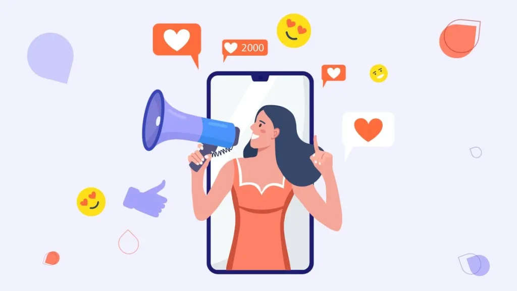 Influencer Marketing - woman in a screen surrounded by likes and emojis