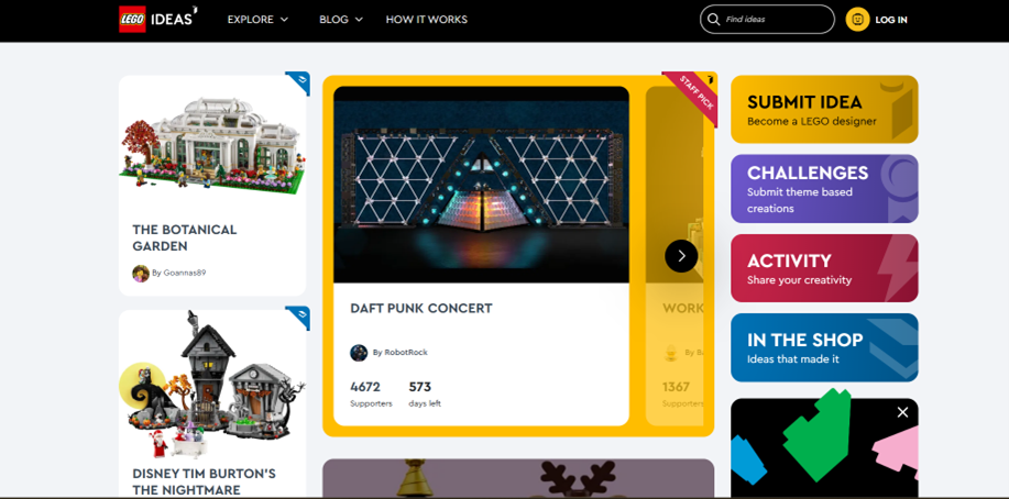 La section « LEGO IDEAS » de la compagnie LEGO qui encourage l'UGC auprès des « fans ». 