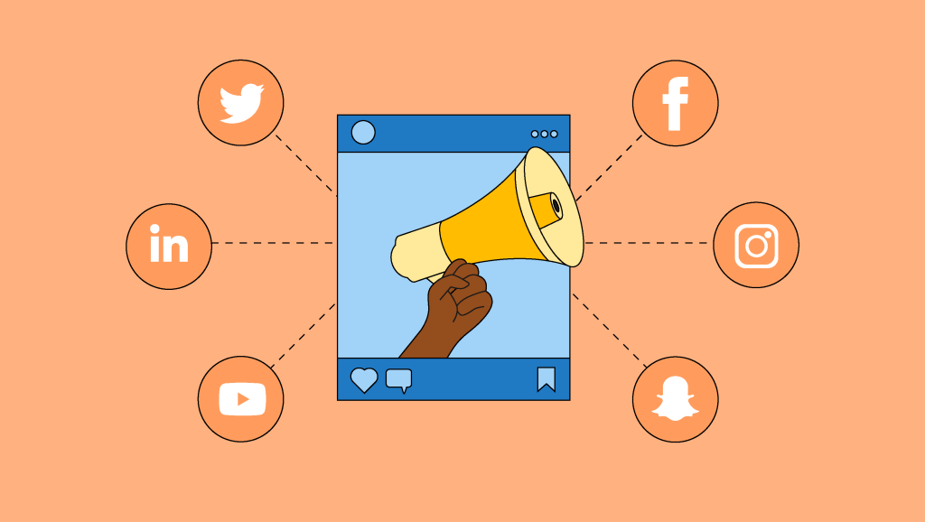 Megaphone coming out of a post while projecting its message on social media platforms like instagram, facebook, linkedIn, youtube, twitter and snapchat