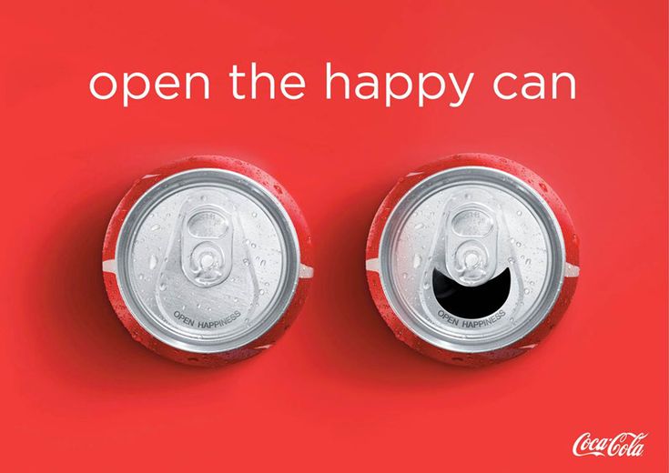 A Coca-Cola campaign that says "open the happy can" and there are two cans, the one open remind us of a happy face. 
