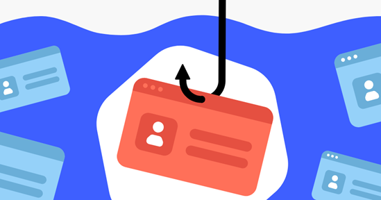 Image caricaturale illustrant une tentative de phishing, avec un hameçon attrapant une carte d'identité.