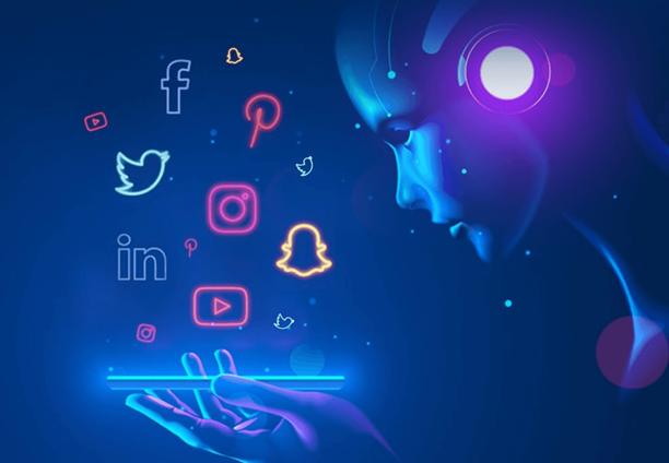 Robot holding a phone with social media apps