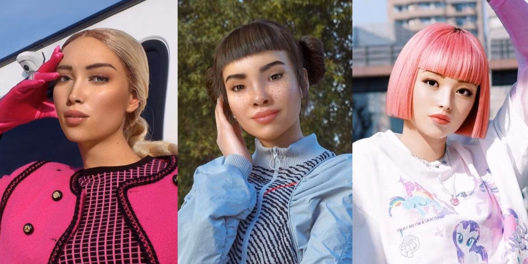 Three virtual influencers that are name Lil Miquela, Imma and Bermuda
