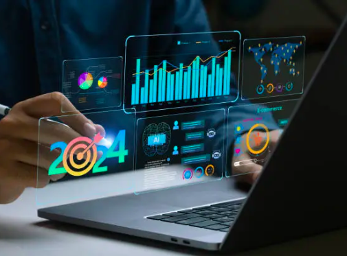 AI-powered data analysis with graphs, charts, and futuristic technology interfaces visualizing marketing trends.