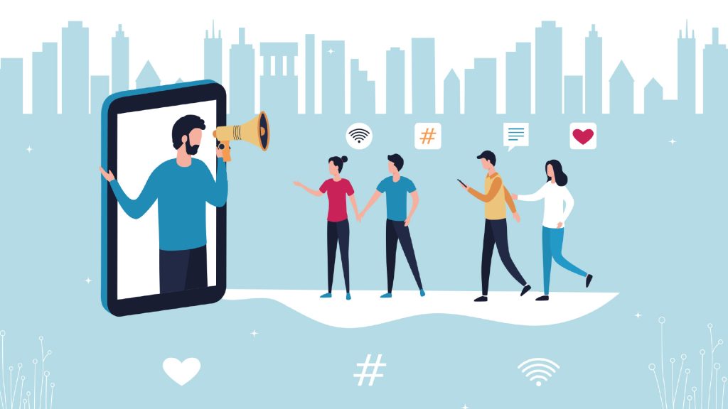 A man coming out of a cellphone, using a megaphone to influence others, representing social proof.