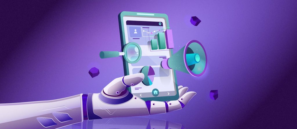 Robot hand holding a phone with graphs on it