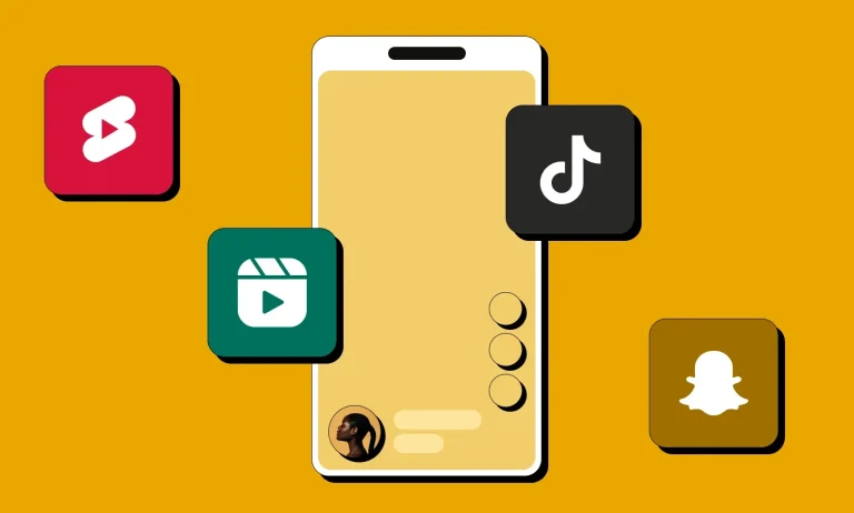 Illustration showing popular platforms for short-form content, including YouTube Shorts, Instagram Reels, TikTok, and Snapchat, centered around a smartphone screen.