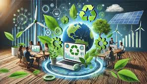 Illustration de professionnels travaillant autour de solutions numériques durables, intégrant des symboles écologiques tels que des feuilles, le recyclage, des éoliennes, et des panneaux solaires, représentant une approche écoresponsable du marketing numérique