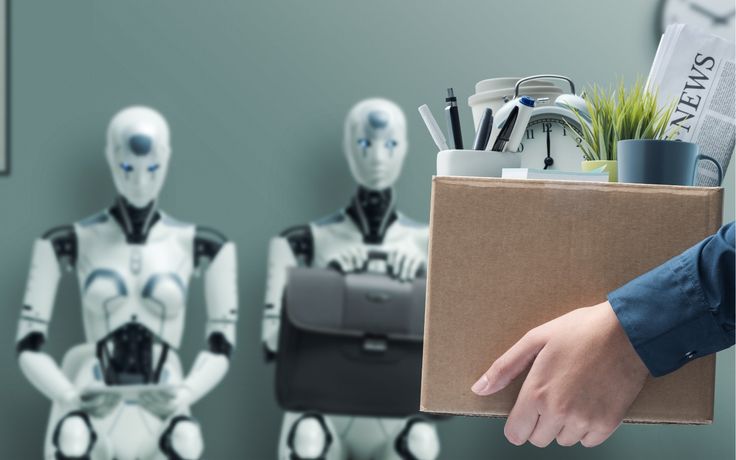 Robots sitting down ready to start working and a human leaving with his personal belongings in a box.