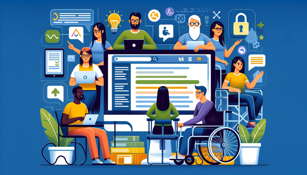 Background drawing showing diverse group of people with impairments viewing a website.