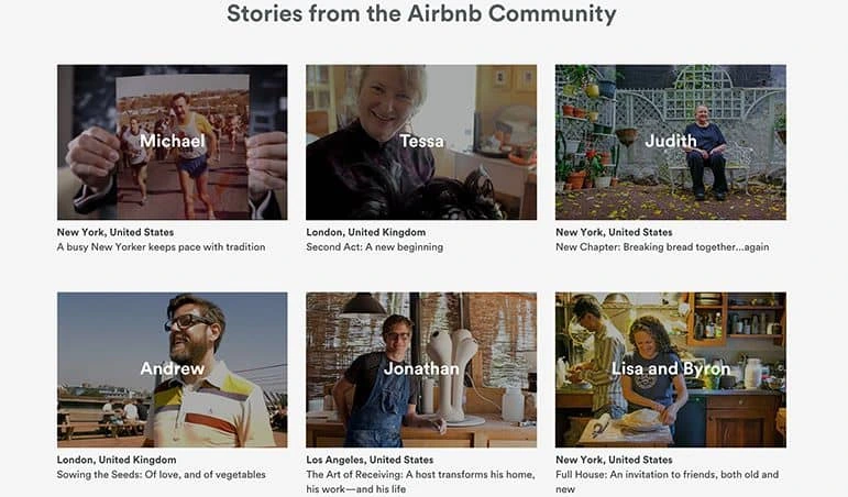Bannière illustrant les membres de la communauté Airbnb ayant partagé leur histoire inspirante par le stratégie marketing de storytelling