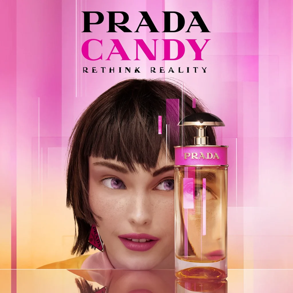 Une femme virtuelle regardant le parfum Prada nommé Candy