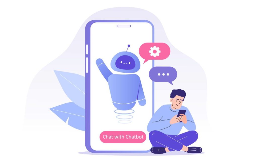 Illustration d'un chatbot interagissant avec un utilisateur sur un smartphone pour améliorer le service client