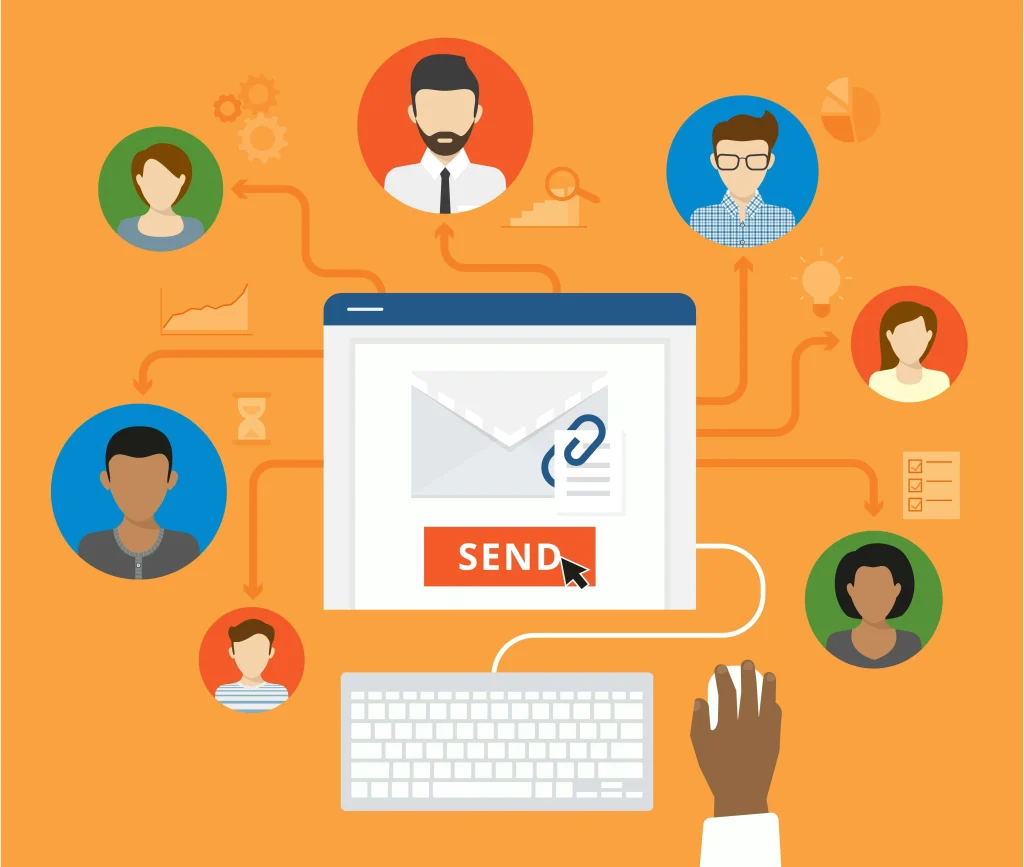 Email marketing illustration with a "Send" button, connecting to recipient icons and marketing symbols