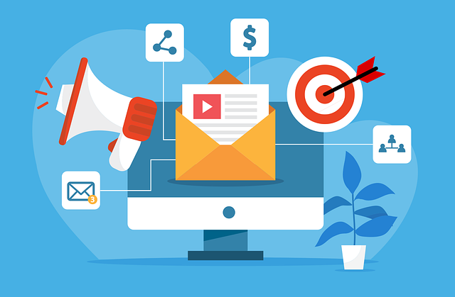 A computer monitor displays an email marketing campaign with various marketing icons symbolising promotion across different channels