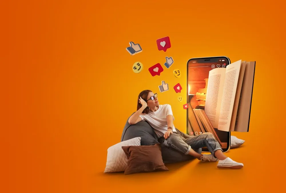 Background showing a woman looking at her smartphone as if it were a book.