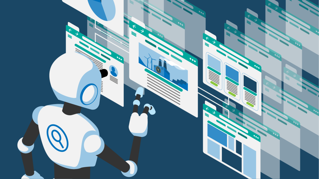 Un robot analysant plusieurs sites web concernant l'optimisation SEO, à l'aide de l'intelligence artificielle.
