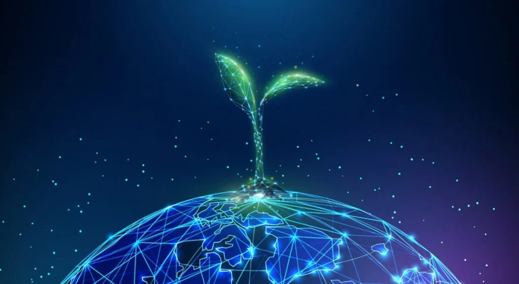 Plant growing out of a digital globe