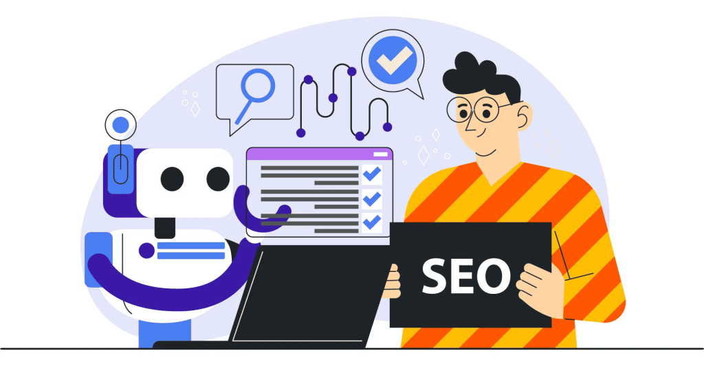 Un expert en SEO travaillant avec un robot sur l'optimisation du SEO avec un ordinateur, entouré d'icônes de technologie comme la vérification et la recherche 
