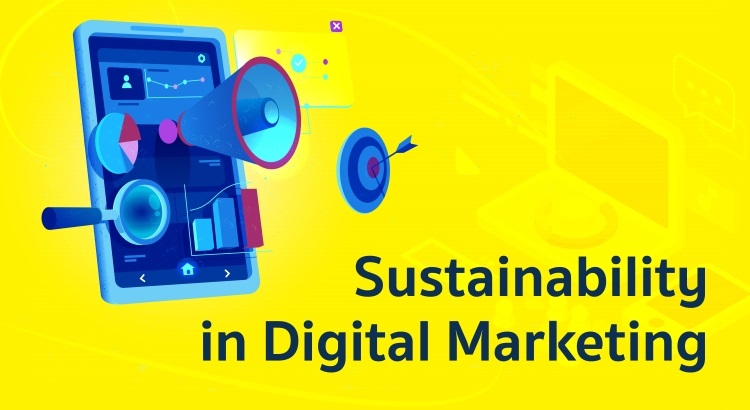 Illustration of the concept of sustainability in digital marketing with visual elements such as a smartphone, a megaphone, and charts on a bright yellow background, symbolizing communication and analytical tools used to promote sustainable practices.
