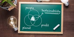 Tableau vert avec un diagramme de durabilité montrant l'intersection de trois cercles : planète, personnes, et profit, représentant les piliers du développement durable