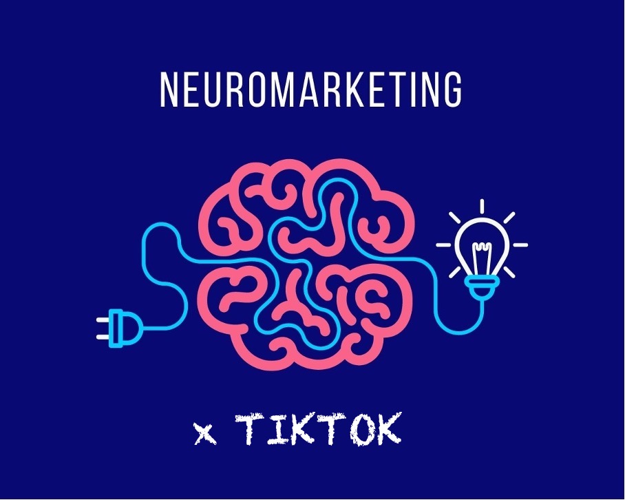 Image of the brain crossed by a lamp connected to a plug with the words “neuromarketing” and “tiktok” inscribed on it.