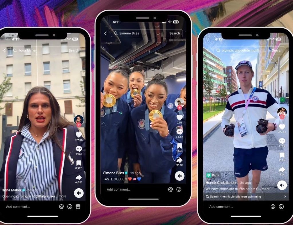 Trois cellulaires montrant trois vidéos TikTok virales : Ilona Maher (joueuse de rugby américaine), l'équipe américaine de gymnastique et Henrik Christiansen (nageur norvégien)