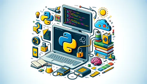 Ordinateur ayant le logo de Python au centre. Multitude d'icone sur les côté de l'ordinateur qui représente certaines application de ce que l'on peut faire ave python.
