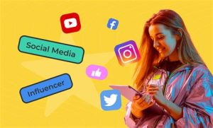 The words "social media" and "influencer" are written next to social medias logo and a women who is looking at her tablet 
