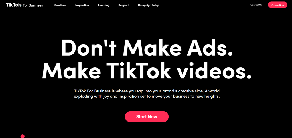 Black background of TikTok site with the inscription "Don't Make Ads. Make TikTok videos"