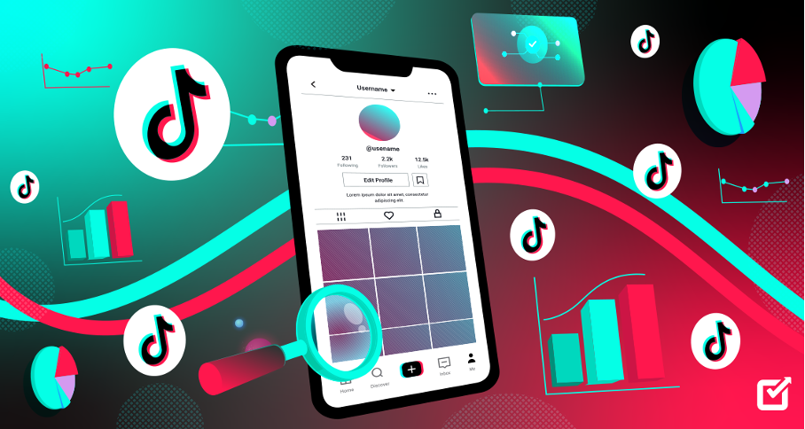 Smartphone screen on which the tiktok application is present. Apart from that, the tiktok logo and graphics are present.