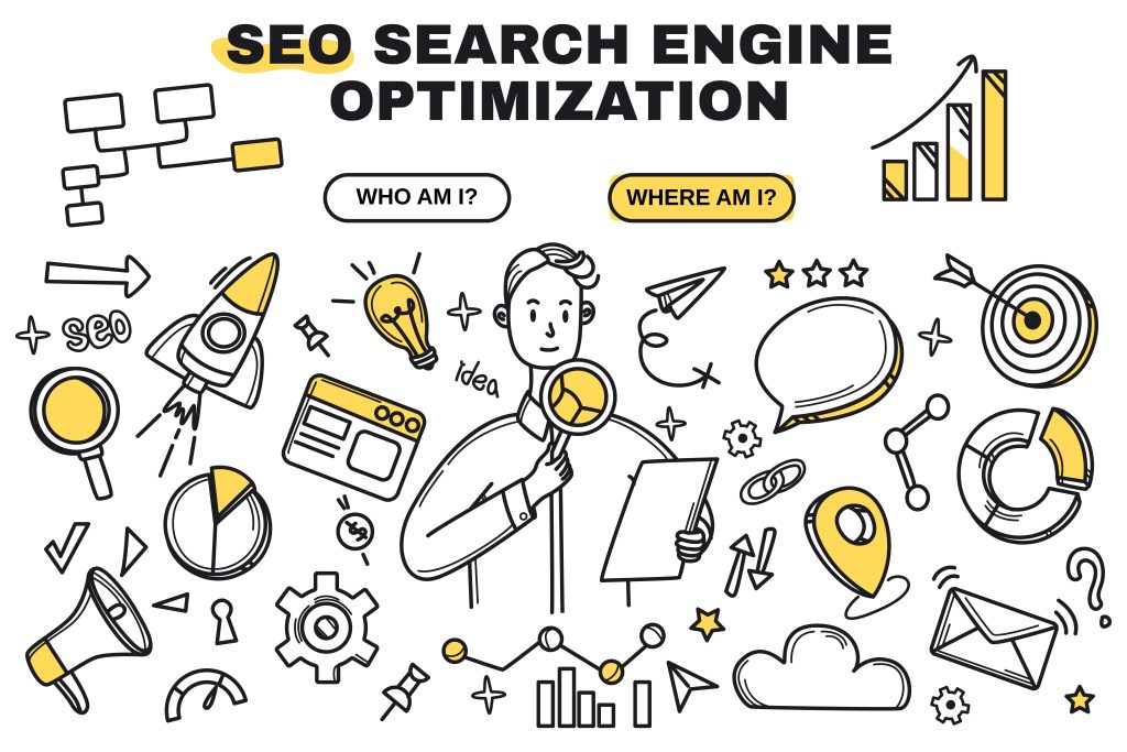 Icônes vectorielles de gribouillage de la technologie SEO et de l'analyse statistique