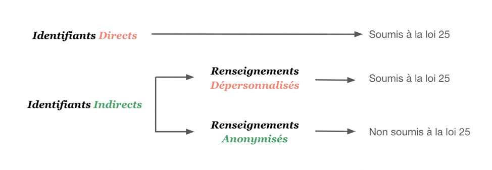 Distinction entre les identifiants directs, identifiants indirects, les types de renseignements et quels renseignements sont soumis à la Loi 25