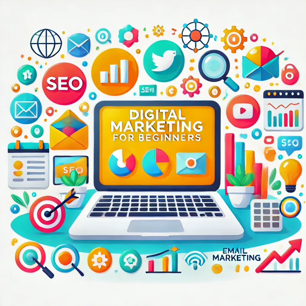 Illustration of digital marketing including SEO, social media, analytics, and online advertising