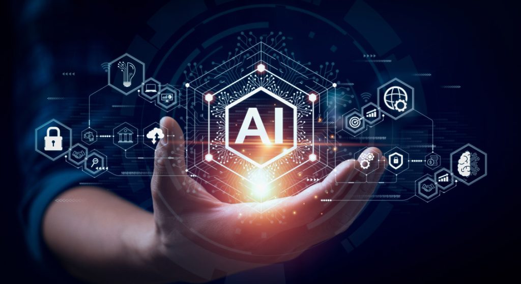 The word AI and other icons emerging from a hand