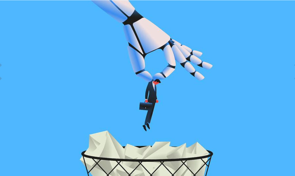 Image de la main d'un robot jetant un employé à la poubelle, symbolisant la déshumanisation du marketing
