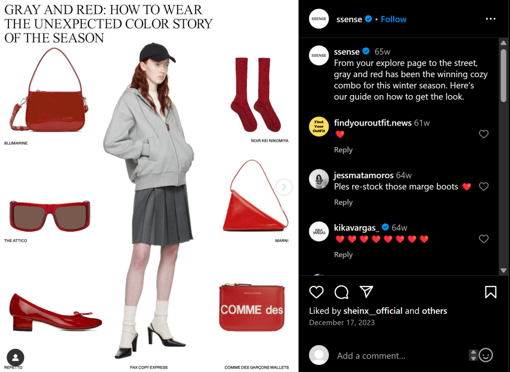 Mannequin féminine au centre de l'image, sur fond blanc, portant des micro-tendances en termes de couleurs populaires du moment. Les couleurs dominantes sont le rouge et le gris, entourées d'objets assortis à ces teintes, illustrant les couleurs en vogue de la saison.