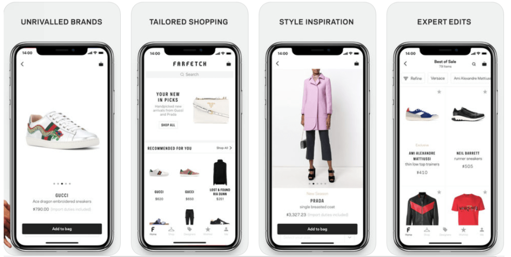 Four phones showing FARFETCH app with sections of brands, personalised shopping, style inspiration and expert edits