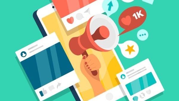 online marketing demonstrated by a megaphone bringing awareness to several social media posts