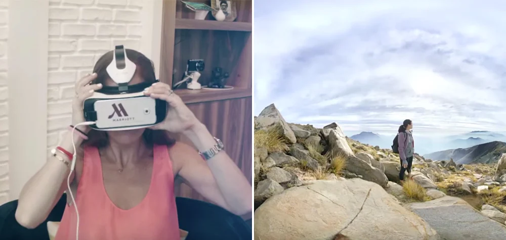 Une femme portant un casque de réalité virtuelle Marriott, explorant un paysage montagneux en 3D, mettant en avant l'usage de la VR dans l'industrie hôtelière pour les expériences immersives.