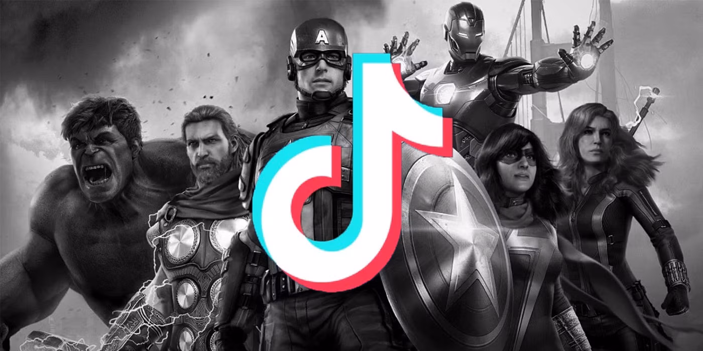 Black and white image featuring Marvel superheroes, including Hulk, Thor, Captain America, Iron Man, Ms. Marvel, Black Widow, and Hawkeye, standing in a heroic pose. A large TikTok logo is prominently overlaid in the center, symbolizing a connection between Marvel and TikTok.
