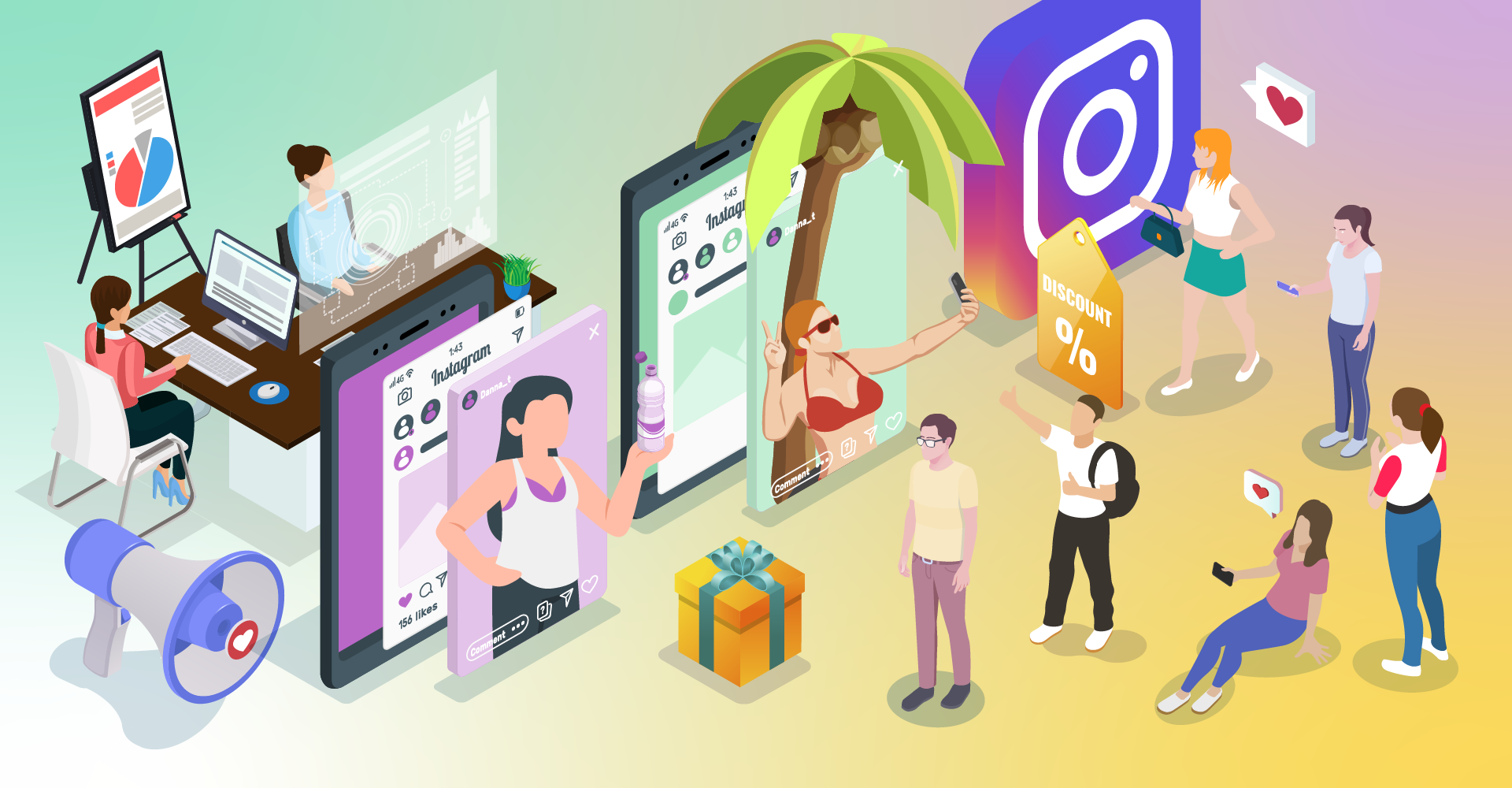Illustration in 3D of influencer marketing with smartphones and people watching online content