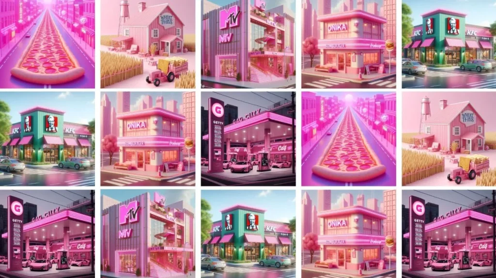 AI-generated images of different stores and headquarters in the imaginary digital world of "Gag City"
