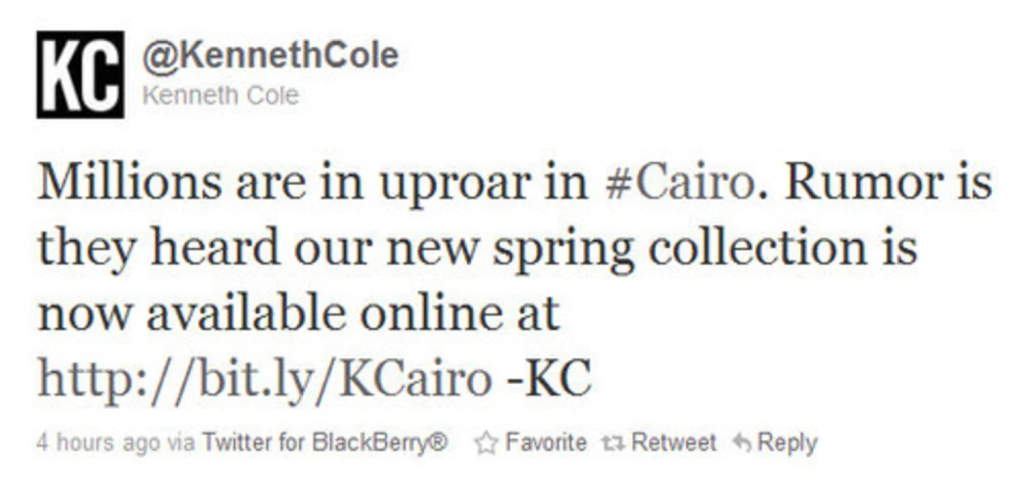 Exemple de danger réputationnel sur les médias sociaux : tweet controversé de Kenneth Cole