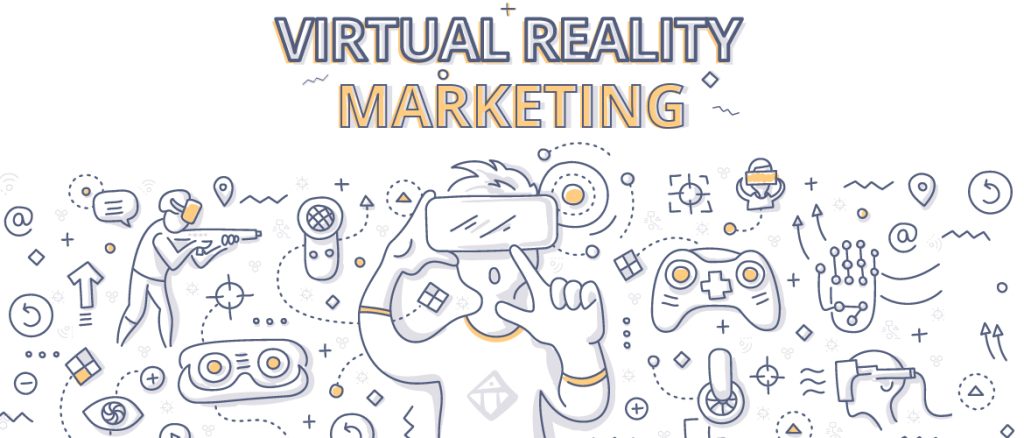 Illustration d’un utilisateur en réalité virtuelle entouré d’éléments interactifs et de technologies VR, mettant en avant le concept du marketing en réalité virtuelle.