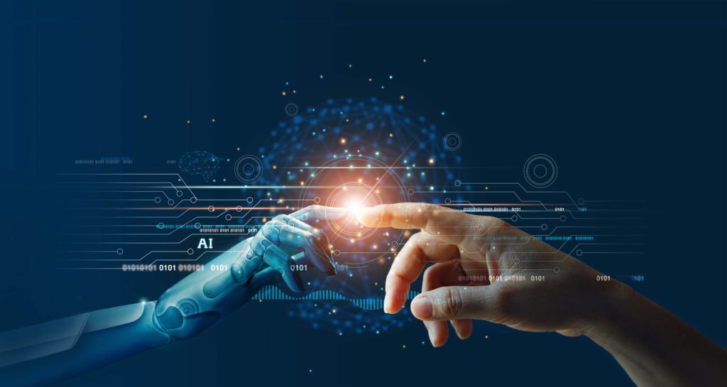 One AI robot and one Marketing hand touching. 