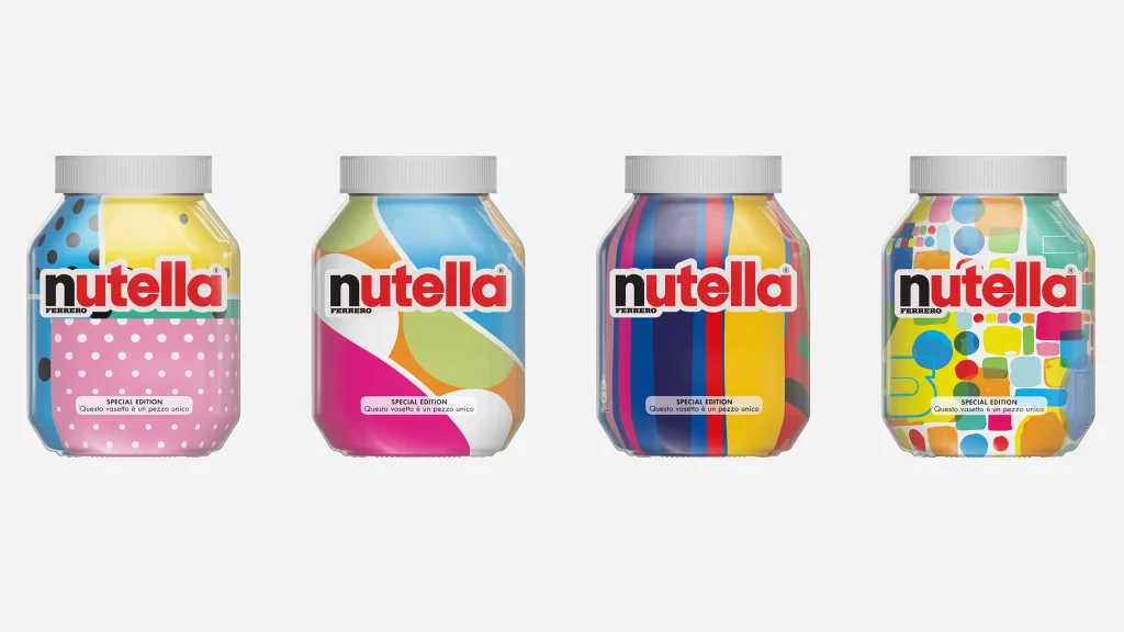 Background with four colourful jars of Nutella
