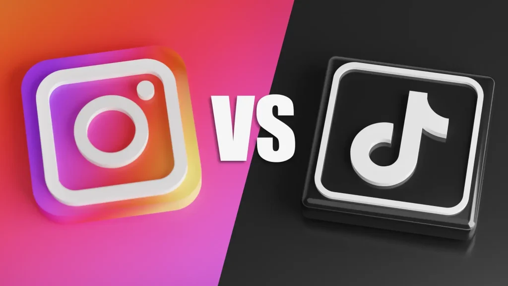 Logos d'Instagram et TikTok côte à côte avec la mention VS, comparant les deux plateformes de marketing de contenu.