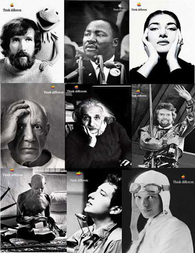 Campagne marketing 'Think Different' d'Apple, illustrant le rôle du storytelling à crée l'image de marque à travers des icônes.